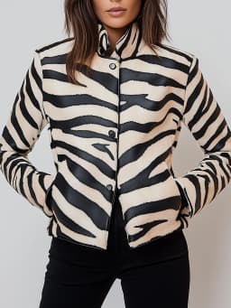 Women PU Leather Jacket Elegant Spring Autumn Zebra Stripes Stand Collar Button Pocket Jackets Cardigans Retro Coat Outwear Tops
