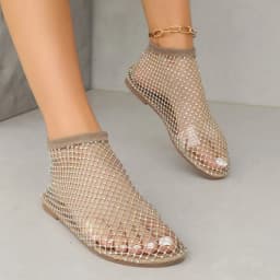 Round Toe Holiday Rhinestone Sandal Slipper Non-Slip Flat Shoes Mesh Seaside Sandals Waterproof Shiny Sexy Ankle Boot Outdoor