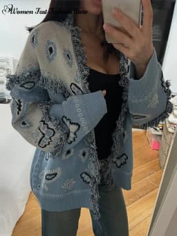 Knitted Jacquard Cardigans 2026 Autumn New Female Casual Stand Collar Full Sleeve Sweater Coats Women's Loose Printing Knitwear