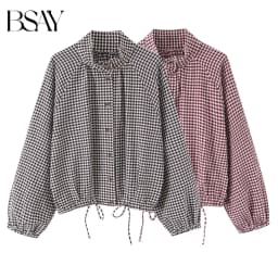 BSAY New Ladies Cropped Gingham Plaid Outerwear Stand Collar Long Puff Sleeve Button Up Drawstring Hem Casual Loose Check Jacket