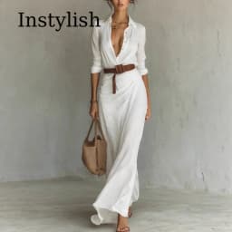 Khaki Women Lapel Long Sleeve Shirt Maxi Dress Belted Wrap Ruched Flowy Casual Beach Vacation Elegant Party Long Dresses
