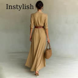 Khaki Women Lapel Long Sleeve Shirt Maxi Dress Belted Wrap Ruched Flowy Casual Beach Vacation Elegant Party Long Dresses