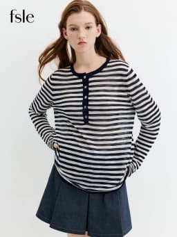 FSLE Striped T-shirt Long-sleeved Cover-up Women's 2026 Summer and Autumn New Style Half-open Knitted Top Loose Leisure