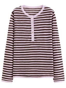 FSLE Striped T-shirt Long-sleeved Cover-up Women's 2026 Summer and Autumn New Style Half-open Knitted Top Loose Leisure