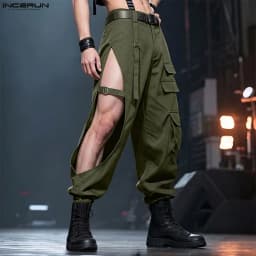 INCERUN Men Pants Solid Button Hollow Out Fashion Cargo Pants For Man Streetwear Joggers 2026 Fashion Casual Trousers Pantalones