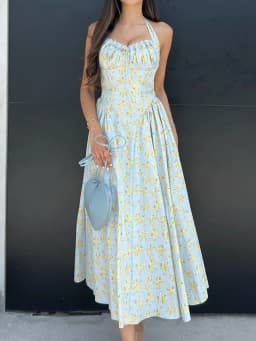 Vintage Floral Halter Midi Sundress Women's High Waist Pink Blue Black Red Dresses Summer Dresses Female Birthday Robe 2025 New