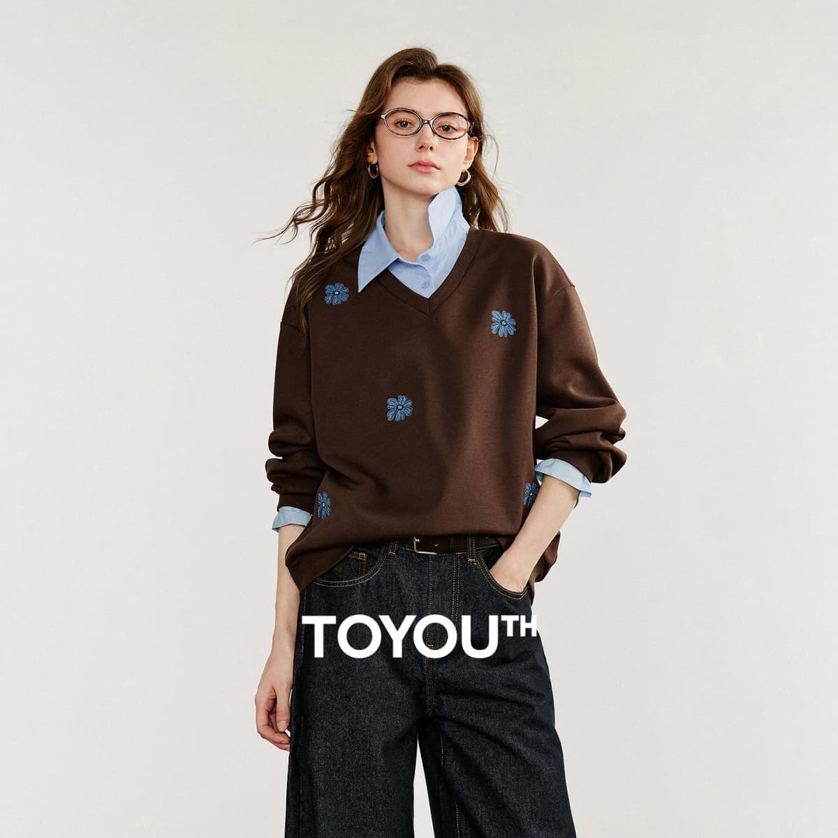 TOYOUTH Women‘s Sweatshirt 2026 Autumn Denim Flower Embroidery Fake Two Piece Splicing Turn Down Collar Cotton Casual Pullover