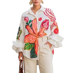 Yeezzi Women's Elegant Large Floral Printed High-Low Lapel Blouse 2026 Flared Sleeves Oversized Casual Office Party White Shirt