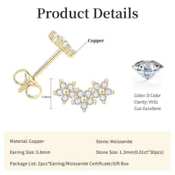 Lnngy Certified Moissanite Stud Earring Cute Flower Cartilage Earrings for Women Exquisite Five-pointed Star Ear Jewelry Gift
