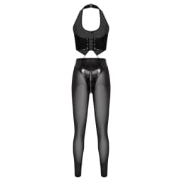 Womens Glossy PU Leather Outfit Multi-zip Back Lace-up Halter Crop Top and Sheer Mesh Legs High Waist Leggings Sets Y2k Clubwear