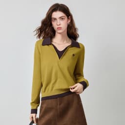 TOYOUTH Women's Fitted Polo Neck Knitwear 2026 Autumn New Contrast Color V-Neck College Style Long Sleeve Top