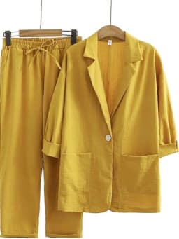 NEW AUTUMN WOMEN'S CASUAL COMMUTER COTTON LINEN TWO-PIECE SET, BLAZER COLLAR DESIGN ELEGANT SUIT AND TROUSERS SET
