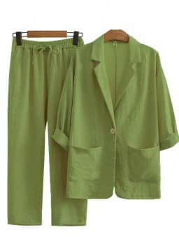 NEW AUTUMN WOMEN'S CASUAL COMMUTER COTTON LINEN TWO-PIECE SET, BLAZER COLLAR DESIGN ELEGANT SUIT AND TROUSERS SET