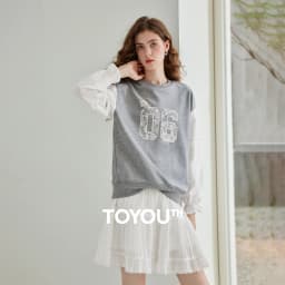 TOYOUTH Women's Fake Two Piece Sweatshirt 2026 Autumn New Arrival Preppy Sporty Digital Print Color Block Splicing Top