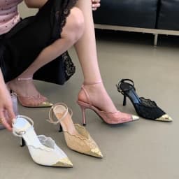Aneikeh Elegant White Lace Slingback Stiletto Heels Pointed Toe Ankle Strap Buckle Sandals Wedding Party Ladies Dress Pumps