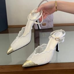 Aneikeh Elegant White Lace Slingback Stiletto Heels Pointed Toe Ankle Strap Buckle Sandals Wedding Party Ladies Dress Pumps