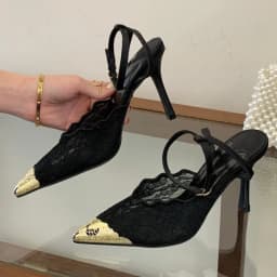Aneikeh Elegant White Lace Slingback Stiletto Heels Pointed Toe Ankle Strap Buckle Sandals Wedding Party Ladies Dress Pumps
