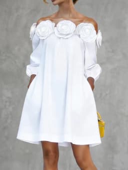 UOOZEE Women's Cotton Blend 3D Rose Off-The-Shoulder White Mini Dresses 2026 New 3/4 Sleeves Loose Elegant Party A-line Dress