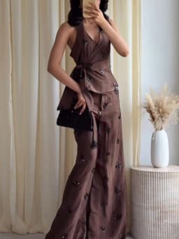 TFMLN New Women's Sequins Pant Sets Sexy Halter Neck Top Wide Leg Pants Two Piece Set 2026 Summer Fashion Vacation Outfit