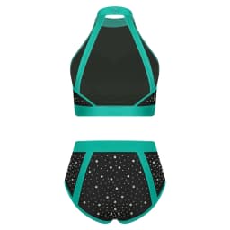 Womens Shiny Rhinestone Shorts Set Pole Dance Outfit Halter Mesh Crop Top And High Waist Briefs Shorts Clubwear for Rave Party