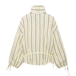 BSAY 2026 Women Striped Stand Collar Jacket Detachable Shoulder Button Coat Drawstring Hem Long Sleeve Casual Loose Outerwear