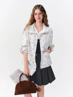 DUSHU Retro-style Stand-up Collar Short Jacket Autumn Drawstring Short Coat Floral Print Commuting H-Shape Casual Jacket Pockets