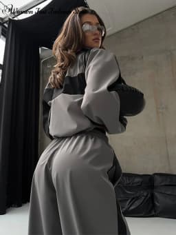 Contrast Color Zipper Jacket Trousers Set Women's Casual Lapel Full Sleeve Coat Loose Wide Leg Pants 2026 Autumn Lady Tracksuits