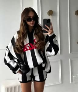 Women Striped Knit Tracksuit 2 Piece Set Oversized Long Sleeve Sweater Shorts Letter Print Daily Casual Matching Set Streetwear