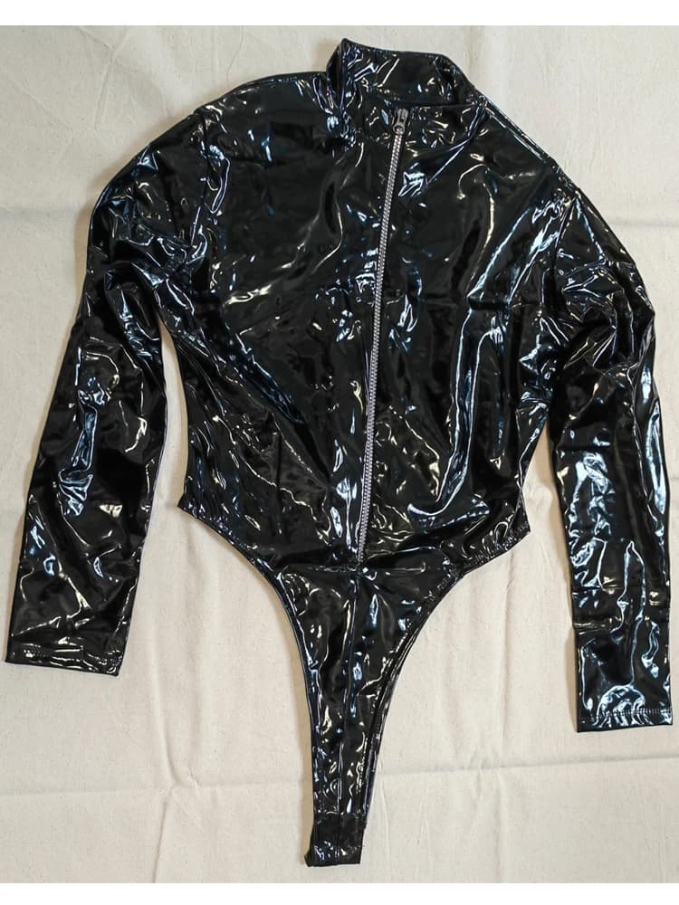 M-4XL Long Sleeve Wet Look PVC Catsuit Shiny PU Leather Bodysuit Tights High Cut Body Teddies Cosplay Tshirt Top Leotard Unitard
