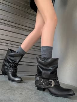 ZAROY Women Ankle Boots and Booties PU Leather Winter Pointed Toe Block Heel Mental Buckle Western Cowboy Boots Motorcycle Botas