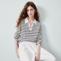 TOYOUTH Women's Long Sleeve Polo T Shirt 2026 Autumn New Melange Textured Stripe Tweed Style Light French Chic Casual Tops