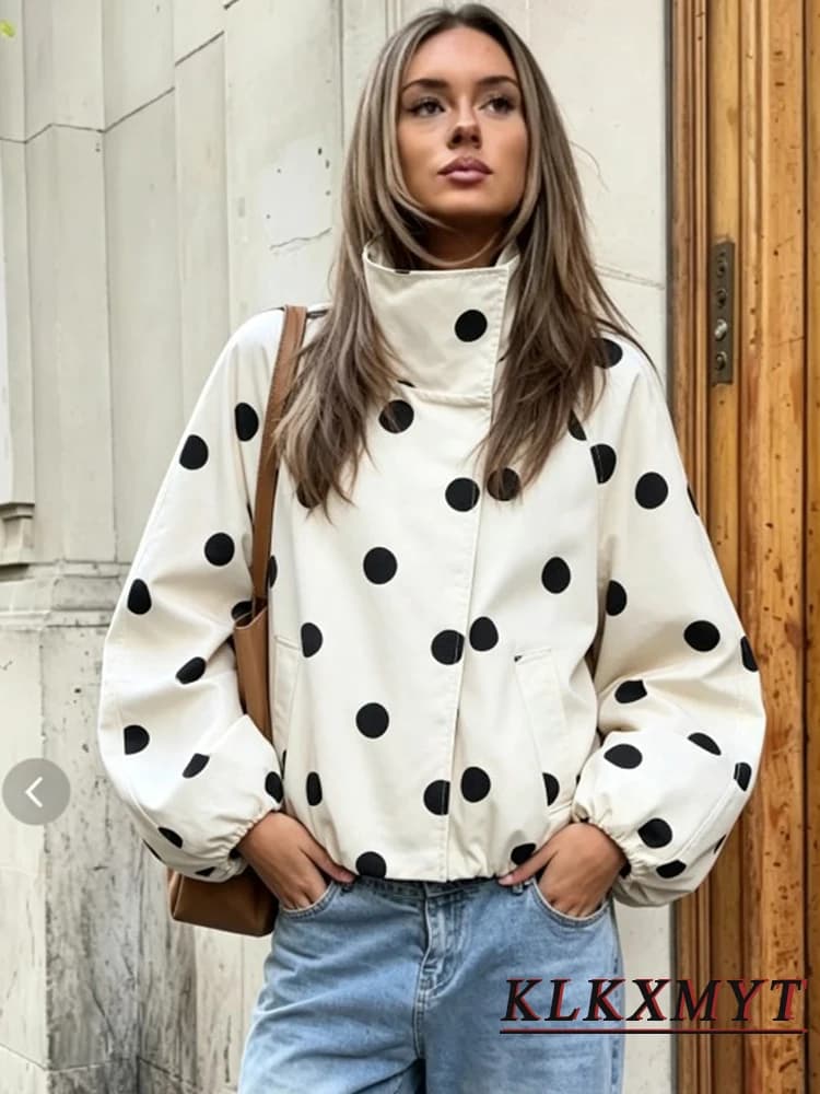 Women Fashion Vintage Polka Dots Pocket Stand Collar Jacket Spring Autumn Long Sleeve Jacket Holiday Outfits For Women