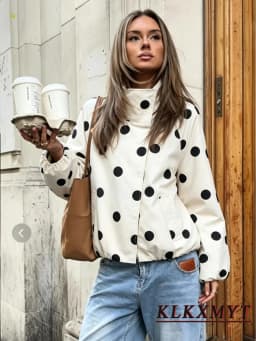 Women Fashion Vintage Polka Dots Pocket Stand Collar Jacket Spring Autumn Long Sleeve Jacket Holiday Outfits For Women