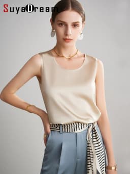 SuyaDream. Women Basic Cozy Tanks, 100% Real Silk, O Neck Sleeveless Chic T Shirt, 2025 Solid Summer Vests, White, Pink, Beige