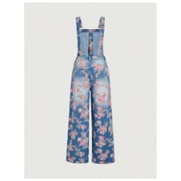 Vintage Washed Floral Print Denim Overalls For Women Adjustable Strap Wide Leg Elegant Daily Fashion Jumpsuit