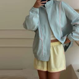 Women Sweet Casual Oversized Denim Jacket Pom-pom Contrast Stitch Decor Stand Collar Full Zipper Drop Shoulder Loose Short Outer