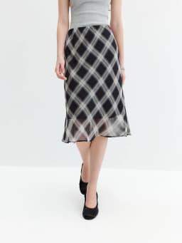 FSLE 2026 Fall Women's Vintage Contrast Plaid Elastic Waist Flowy Chiffon Straight Midi Skirt - Casual Chic Everyday Style