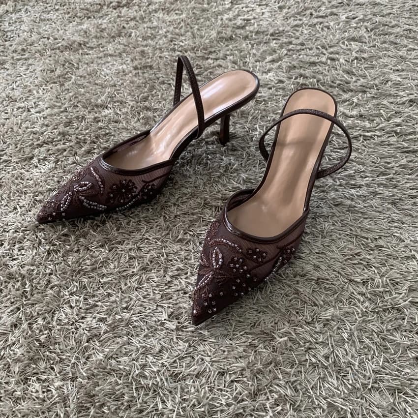 2026 String Bead Mesh Embroider Slingback High Heels Women Sexy Pointed Toe Heeled Sandals Summer Elegant Luxury Designer Shoes