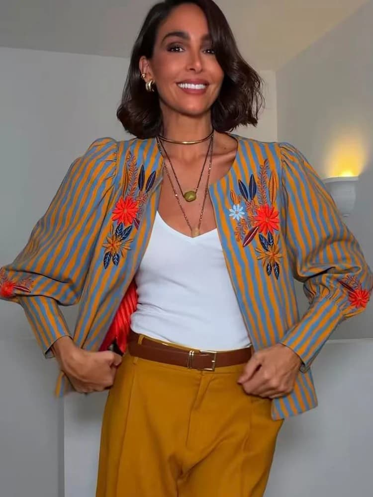 Summer New Women O-Neck Embroidery Jacket Retro Elegant Long Sleeve High Street Jacket Leisure Striped Loose Fashion Outwear