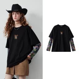 TOYOUTH Women's Long Sleeve T Shirt 2026 Autumn New Cotton Fake Two Piece Splicing Loose Drop Shoulder Urban Nomadic Casual Tops