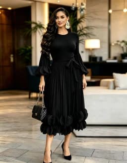 2026 Miyake Light Luxury High-end Round Neck Dress Women's Summer Pleated Ruffle Edge Design Temperament Long Dress