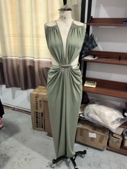 Elegant Deep V Spaghetti Strap Maxi Dress Women Metal Ring Cut Out Waist Ruched Backless Buckle Dinner Gown Party Holiday Outfit