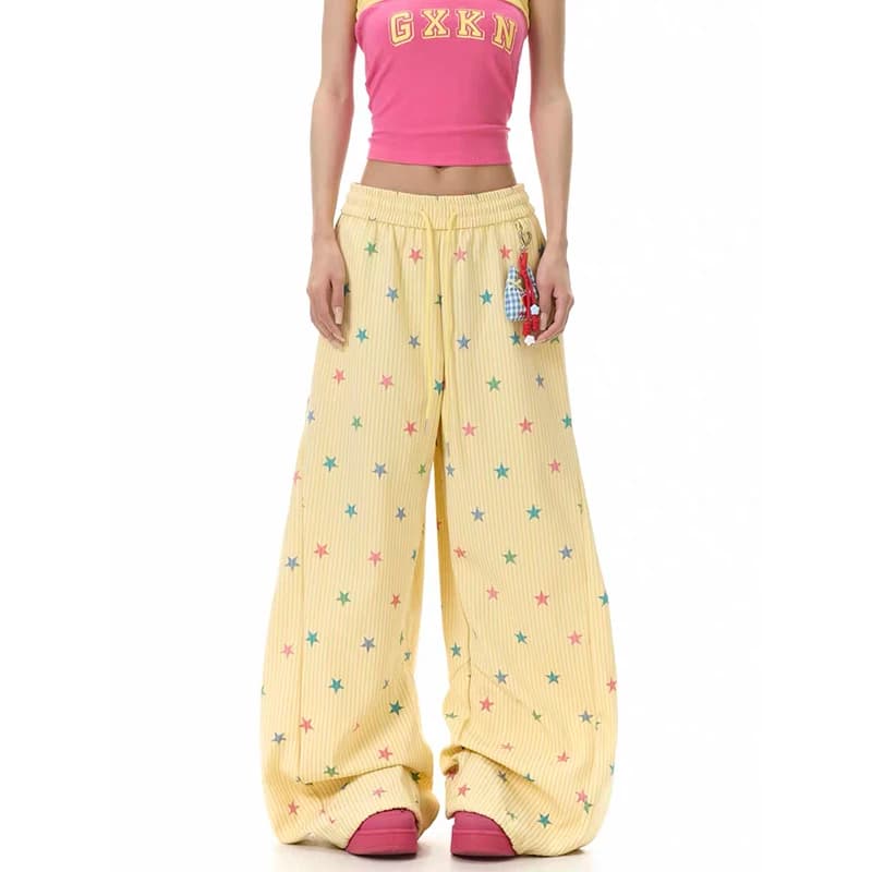 ZHIZOU Women Yellow Baggy Wide Leg Sweatpants American Star Print Pants Harajuku Japanese 2000s Style Vintage Y2k Dance Trouse
