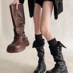 2026 new Women's Platform Motorcycle Boots Buckle Strap Thick-soled Boots Feamle New Black PU Leather Western Knight Botas Mujer