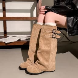 Suede Fold Women Knee High Western Cowboy Boots Fashion Double Buckle Decor Slip On Long Booties Autumn Winter Women's Shoes