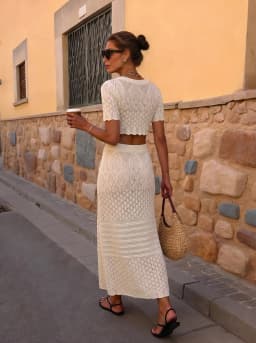 2026 Crochet Knit 2 Piece Set for Women, Off Shoulder Crop Top + Hollow Out Maxi Skirt Beachwear