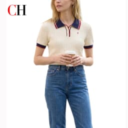 CH Women Cable Knit Polo Shirt Contrast Striped Collar Preppy Style Embroidery Casual Blouse Summer Fashion Ladies Tee