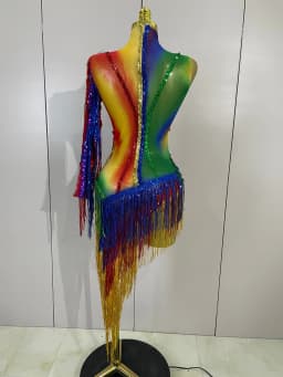 Women Colorful Sparkly Rhinestones Tassel Sexy See-Through Dress One Shoulder Latin Dance Outfits Nightclub Party Stage Costume