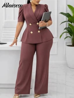 Mlaiscsr Women's Red Two Piece Pant Set Business Suit Puff Sleeve Blazer with Gold Buttons Wide Leg Trousers Office Work Outfits