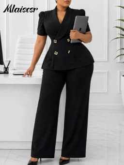 Mlaiscsr Women's Red Two Piece Pant Set Business Suit Puff Sleeve Blazer with Gold Buttons Wide Leg Trousers Office Work Outfits